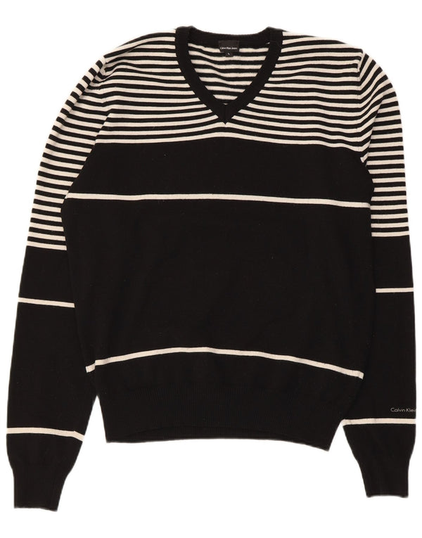 Maglione maglione con scollo a V da donna Calvin Klein Jeans UK 16 grandi righe nere