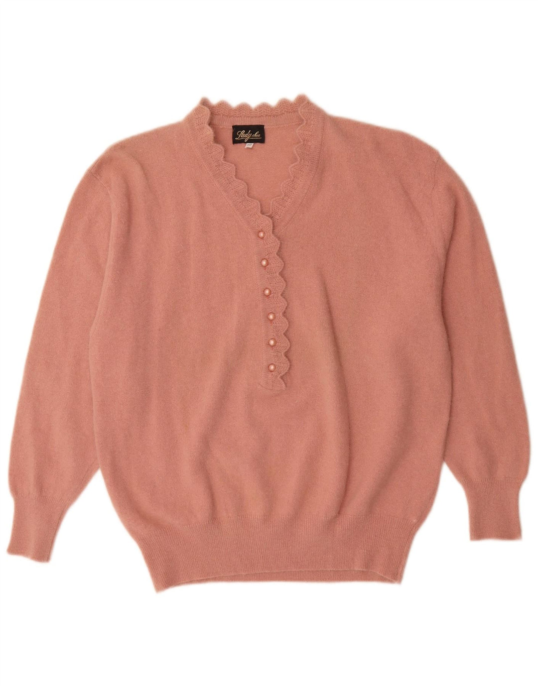 Maglione vintage da donna con collo a bottoni IT 52 2XL Rosa Angora
