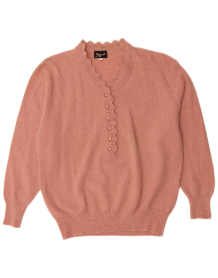 Maglione vintage da donna con collo a bottoni IT 52 2XL Rosa Angora
