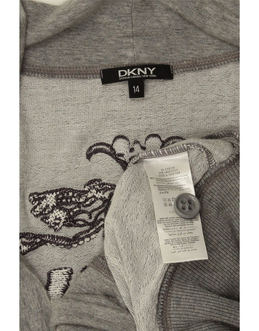 Maglione cardigan grafico da donna DKNY UK 14 Viscosa screziata grigio medio