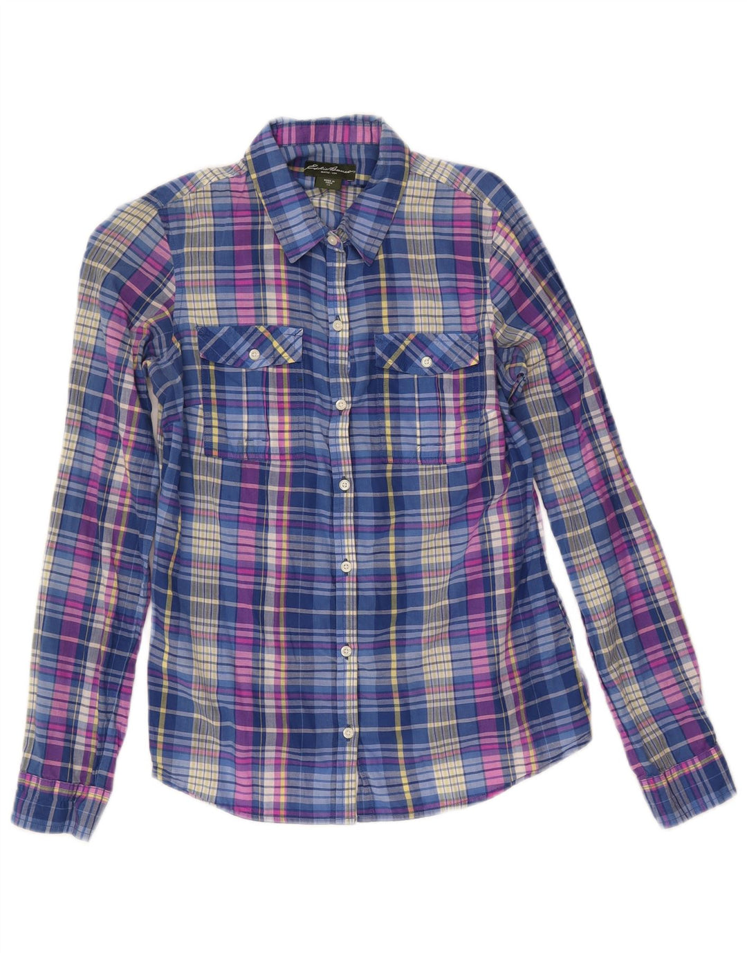 Camicia da donna vestibilità ampia Eddie Bauer UK 6 XS cotone a quadri blu