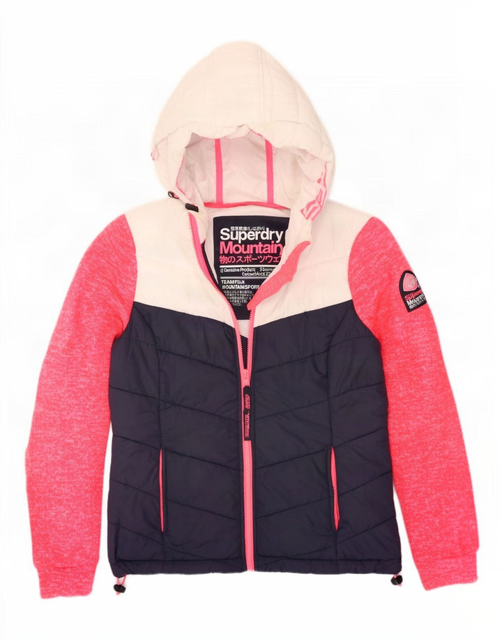 Giacca imbottita con cappuccio da donna Superdry UK 12 Medium Blu Navy Colourblock