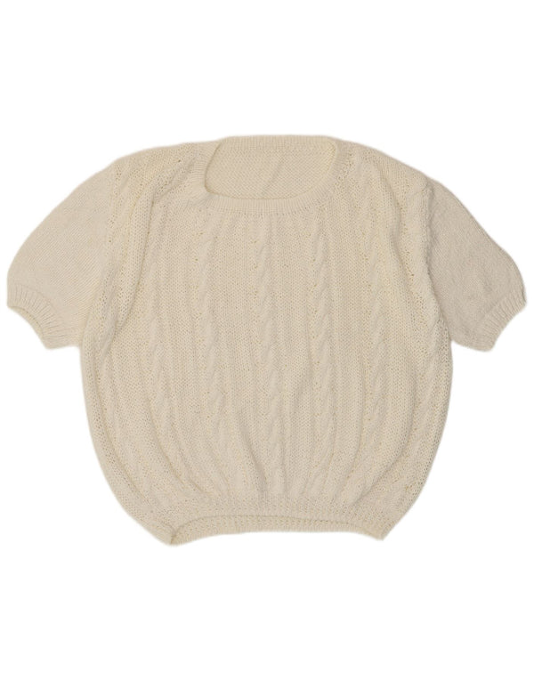 Maglione vintage da donna a maniche corte con scollo a barca UK 18 XL Bianco