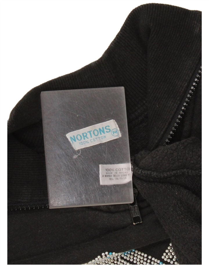NORTONS Felpa con collo con zip grafica da donna Maglione UK 14 Medio Nero