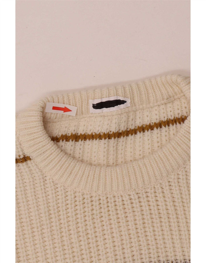 Maglione maglione girocollo da uomo vintage in acrilico a righe bianco sporco medio