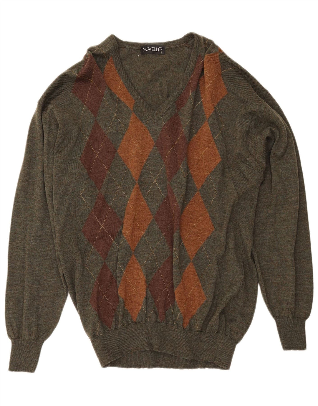 Maglione da uomo con scollo a V NOVELLI IT 52 Large Khaki Argyle/Diamond Wool