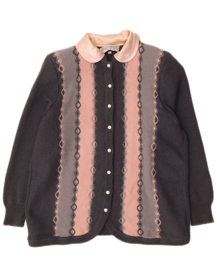 Maglione cardigan da donna vintage UK 12 Lana geometrica grigio medio