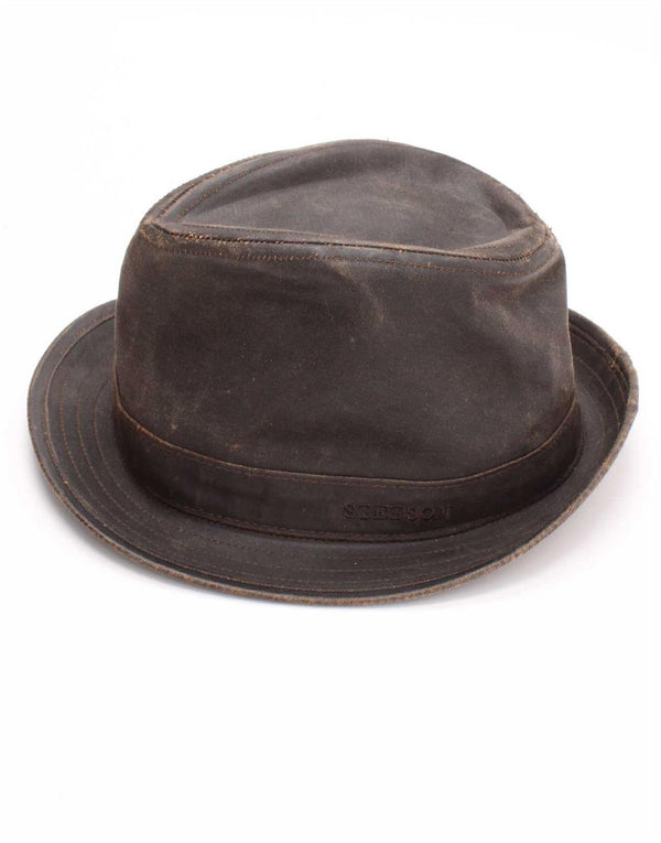 Stetson Mens Waxed Cotton Fedora Hat Medium Brown Cotton