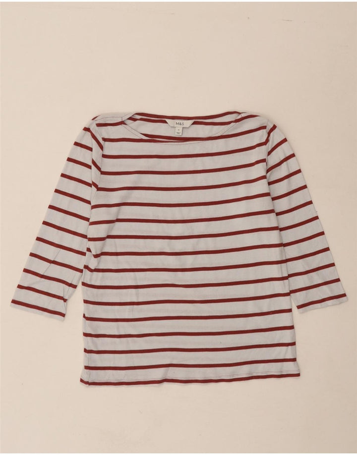MARKS & SPENCER Womens Top 3/4 Sleeve UK 14 Medium White Striped Cotton Vintage Marks & Spencer and Second-Hand Marks & Spencer from Messina Hembry 