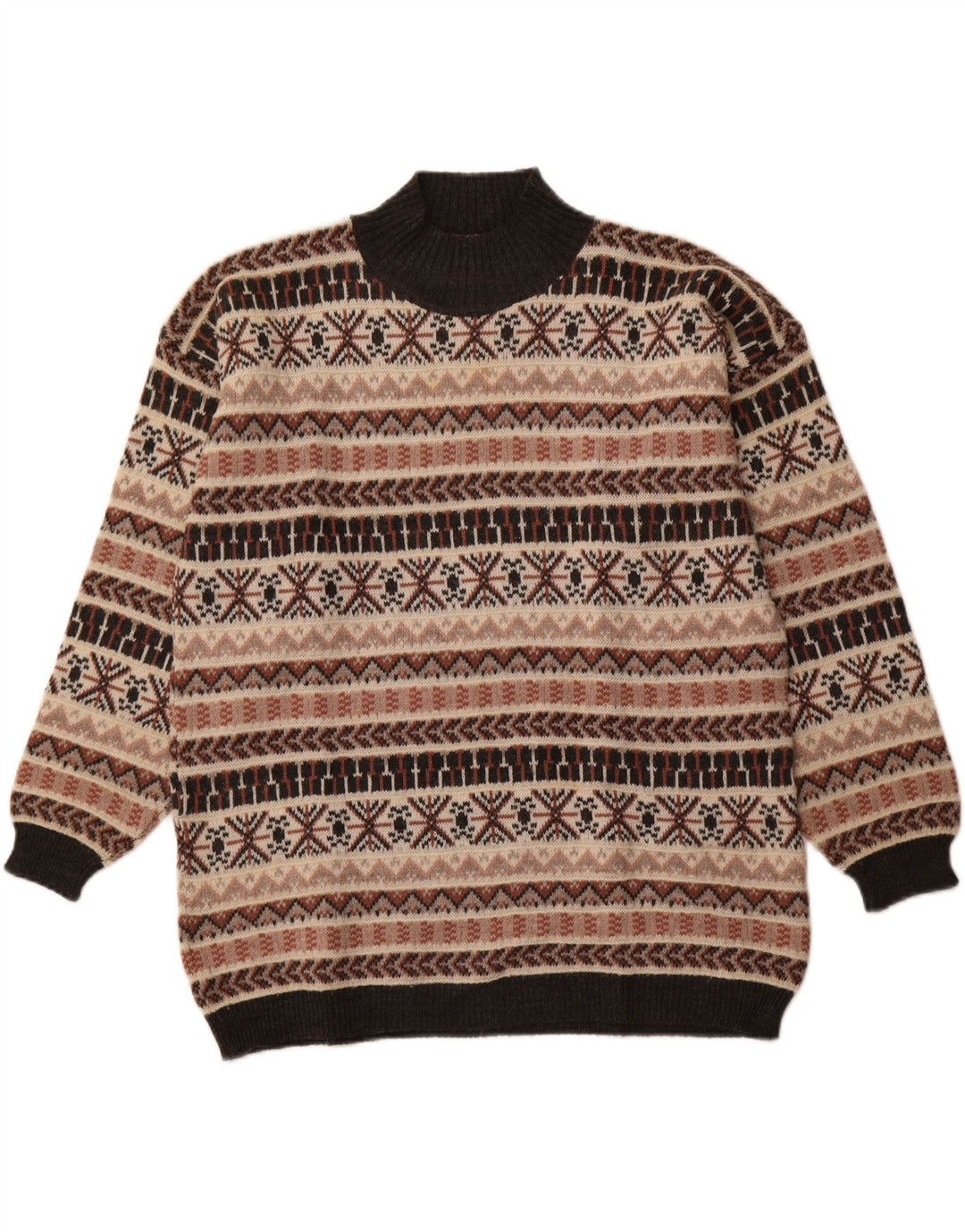 Maglione vintage da uomo con collo alto e lana Fair Isle beige medio