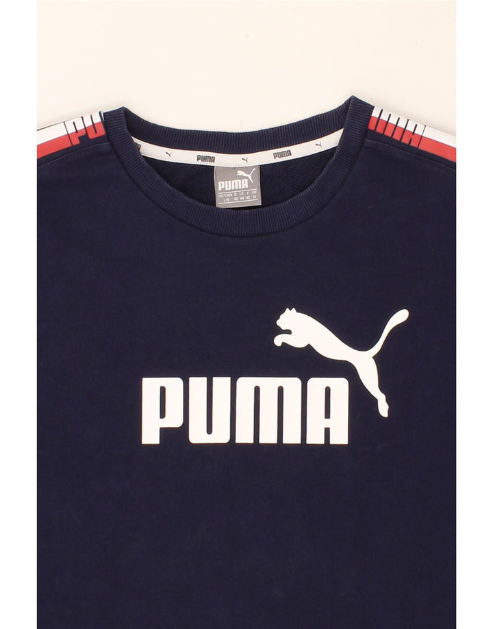 PUMA Womens Longline Graphic Sweatshirt Jumper UK 14 Large Navy Blue Vintage Puma and Second-Hand Puma from Messina Hembry 