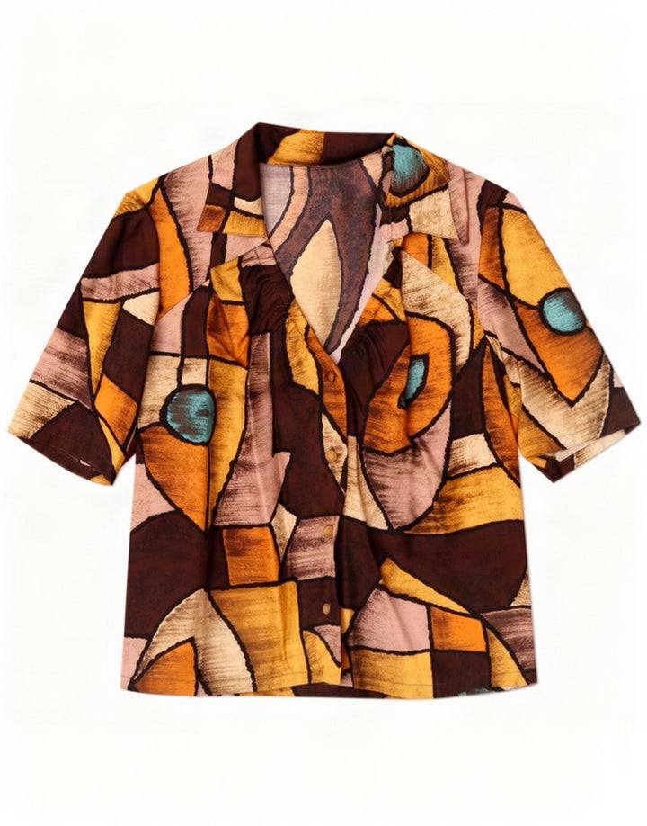 Camicetta camicia vintage da donna UK 14 media multicolore geometrica