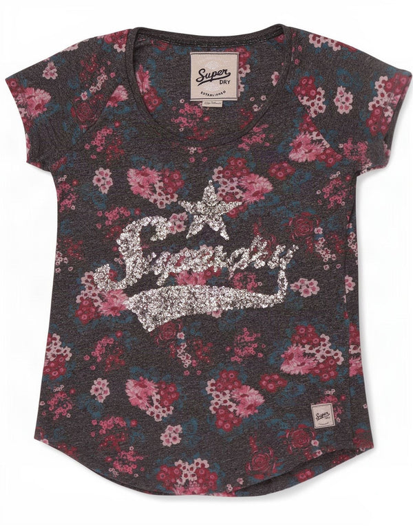 T-shirt grafica da donna Superdry Top UK 6 XS cotone floreale grigio