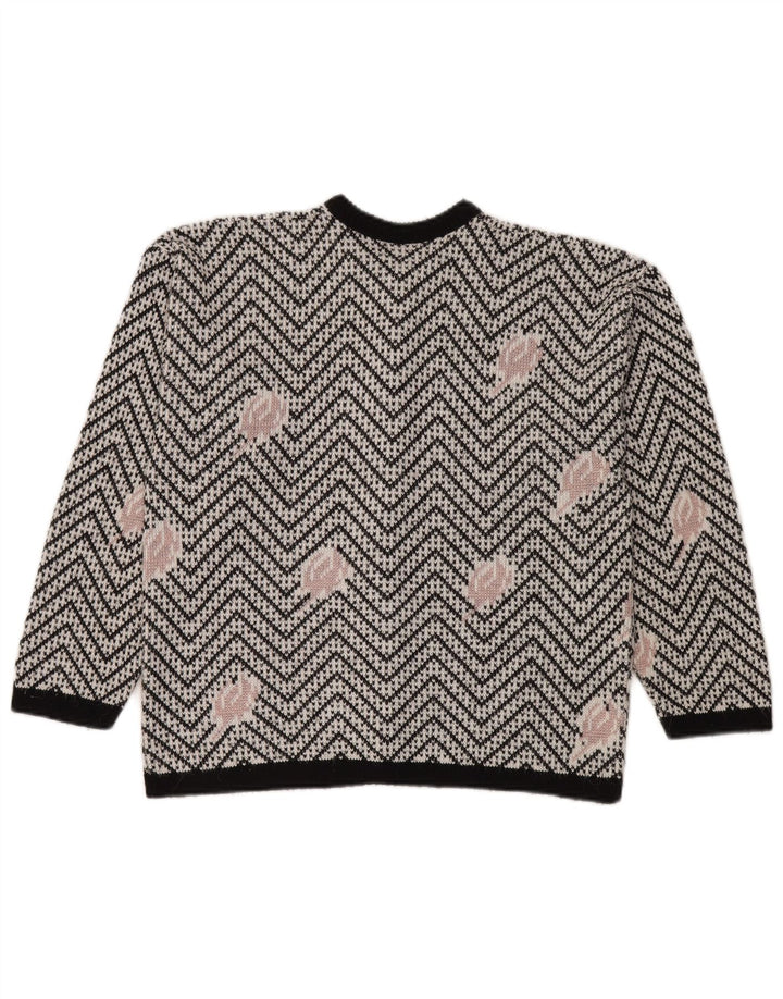 Maglione cardigan da donna vintage UK 16 grande Chevron bianco
