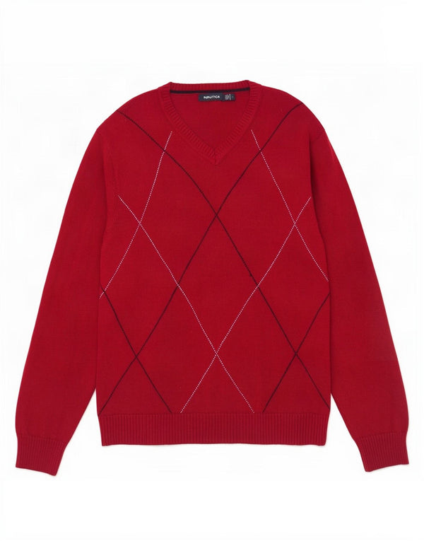 Maglione da uomo con scollo a V Nautica, grande rosso, cotone a rombi/diamanti