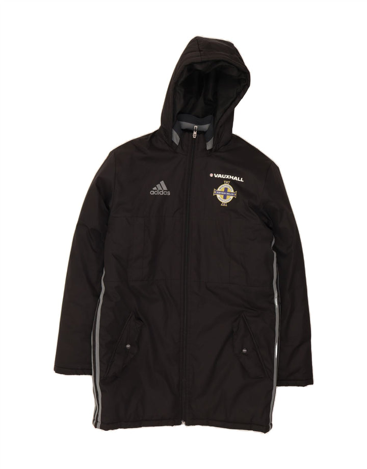 ADIDAS Mens Graphic Hooded Windbreaker Coat UK 36 Small Black Polyester Vintage Adidas and Second-Hand Adidas from Messina Hembry 
