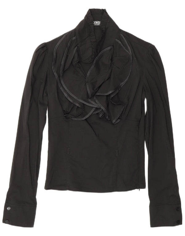 COVERI Womens Ruffle Front Long Sleeve Blouse Top UK 10 Small Black Nylon