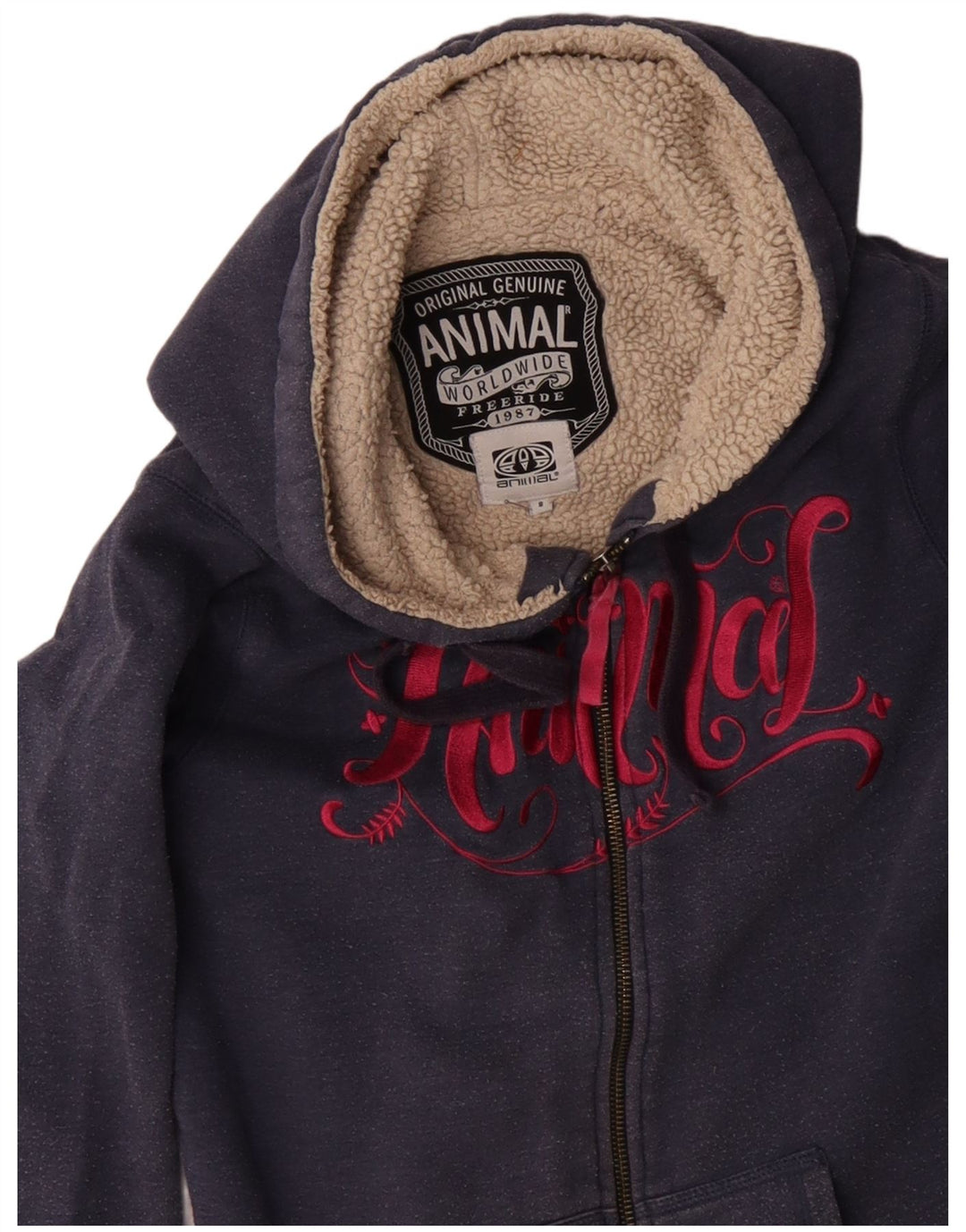 ANIMAL Felpa con cappuccio e zip grafica da donna UK 8 Small Blu Navy