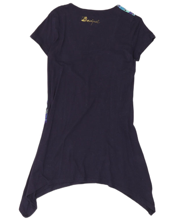 Desigual Donna Tunica Asimmetrica Top UK 14 Grande Blu Navy Floreale