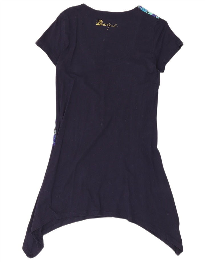 Desigual Donna Tunica Asimmetrica Top UK 14 Grande Blu Navy Floreale
