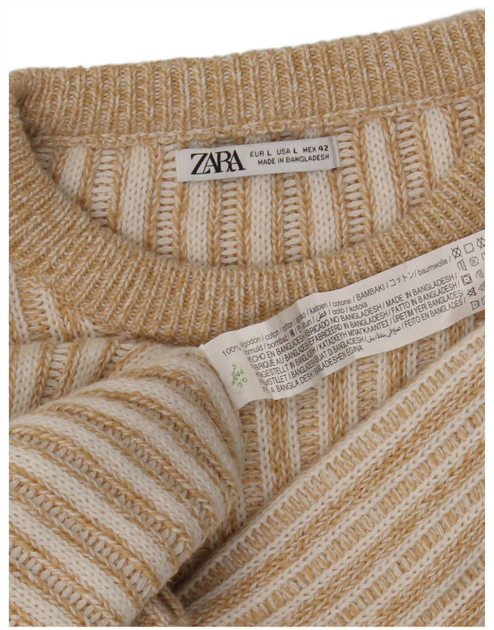 ZARA Mens Crew Neck Jumper Sweater Large Beige Striped Cotton