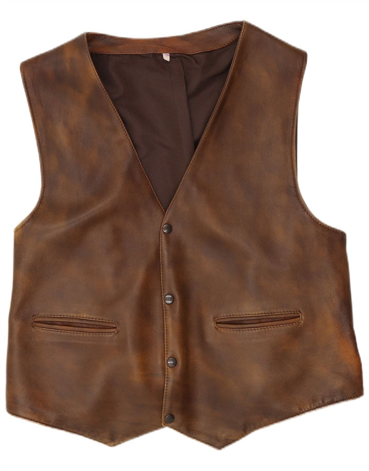 Gilet in pelle da uomo vintage in pelle marrone medio