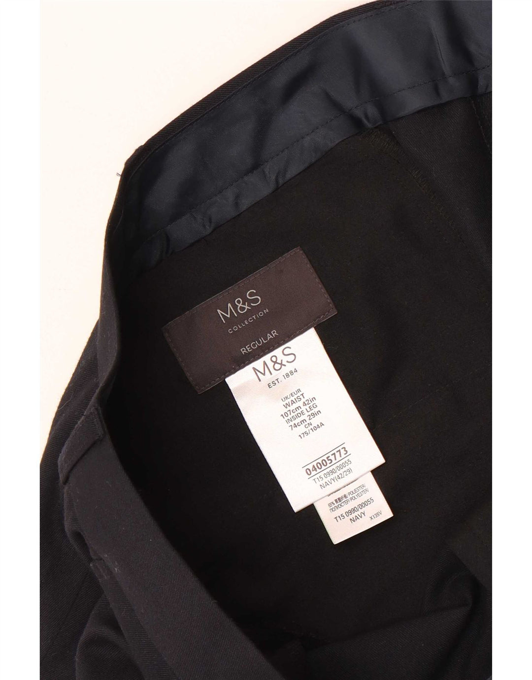 Pantaloni da abito dritti regolari da uomo Marks & Spencer W42 L29 Blu Navy