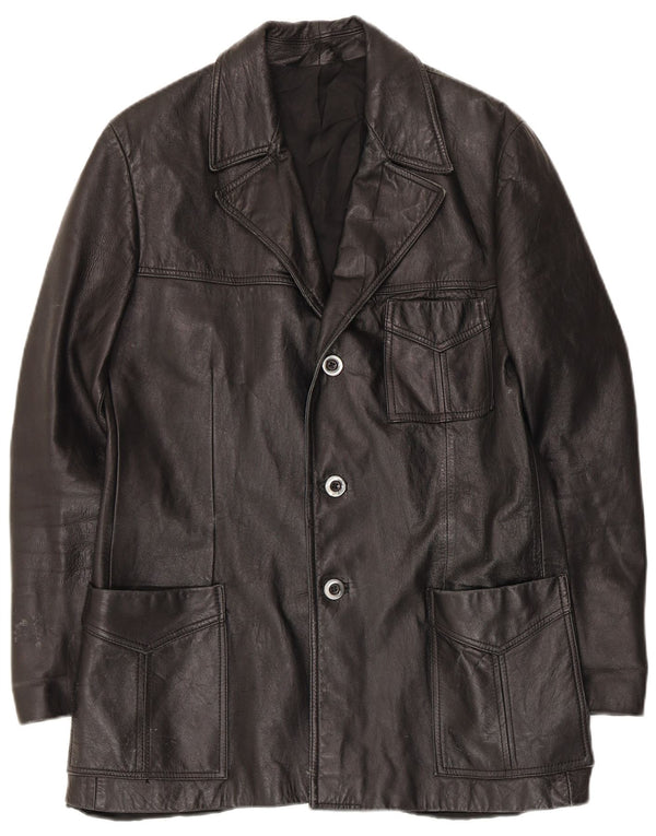 Giacca blazer in pelle vintage da uomo a 3 bottoni UK 36 piccola nera