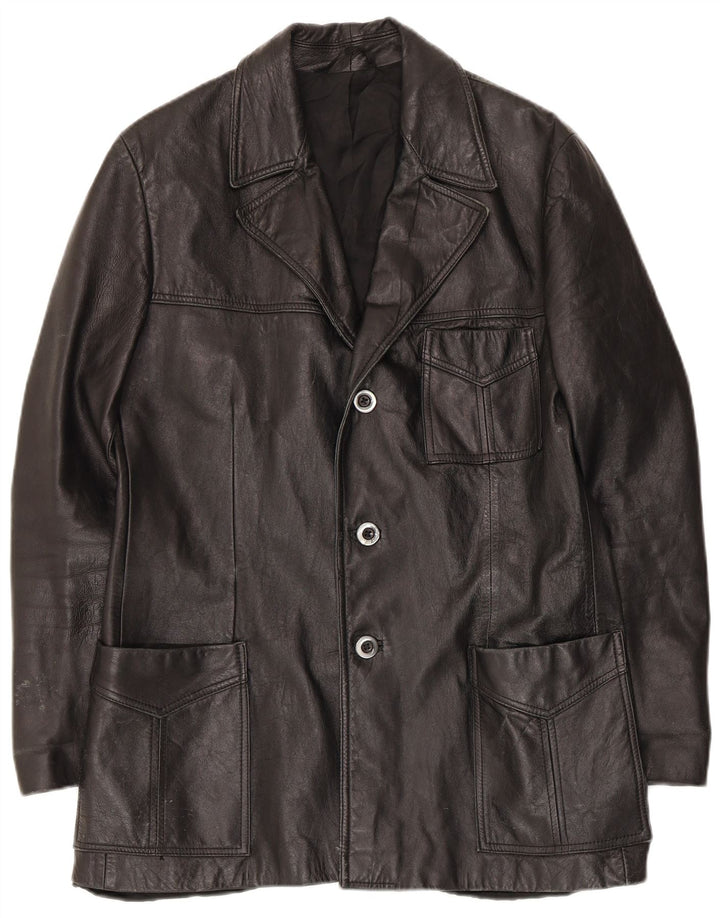 Giacca blazer in pelle vintage da uomo a 3 bottoni UK 36 piccola nera