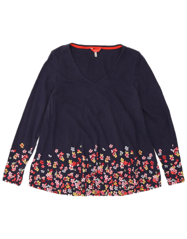 JOULES maglione da donna con scollo a V UK 16 grande cotone floreale blu navy