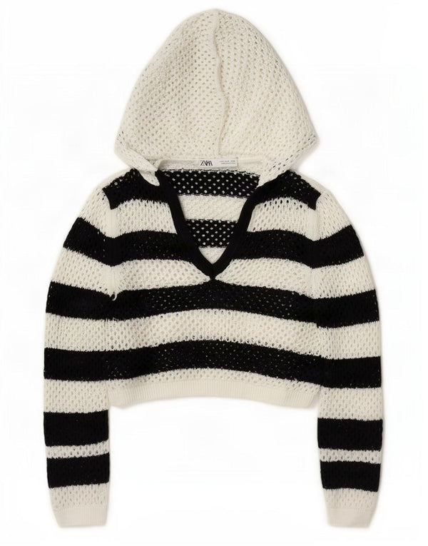 Maglione corto all'uncinetto con cappuccio da donna Zara UK 14 medio a righe nere