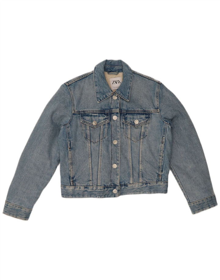 Giacca Sherpa corta in denim da donna ZARA UK 10 piccola in cotone blu