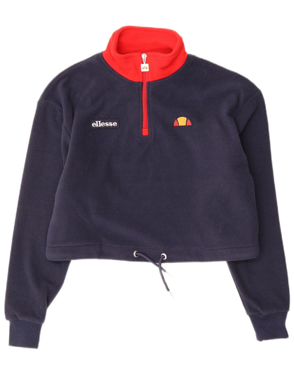 Ellesse Womens Crop Zip Neck Fleece Jumper UK 4 XS Navy Blue Colourblock