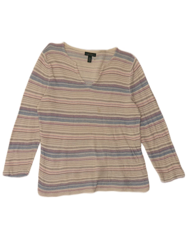 Top da donna Ralph Lauren manica 3/4 UK 14 cotone a righe grandi grigie