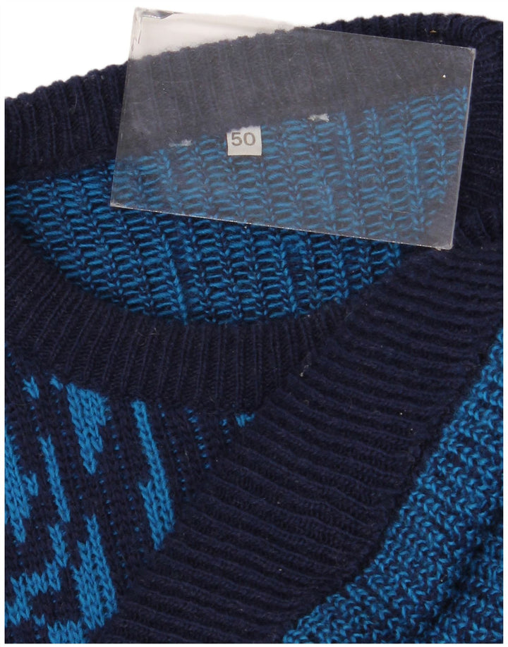 Maglione vintage da uomo girocollo IT 50 in lana geometrica blu medio