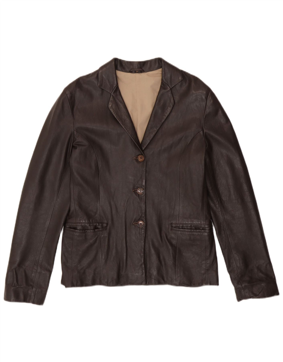 Giacca blazer in pelle vintage da donna a 3 bottoni EU 38 in pelle marrone medio