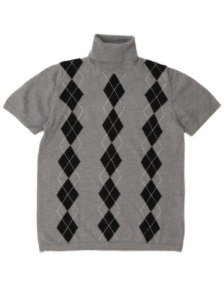 Maglione maglione vintage da donna con collo alto UK 14 Grigio medio Argyle/Diamante