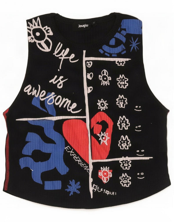 Desigual Canotta da donna con motivo grafico astratto corto UK 14 Large Nero