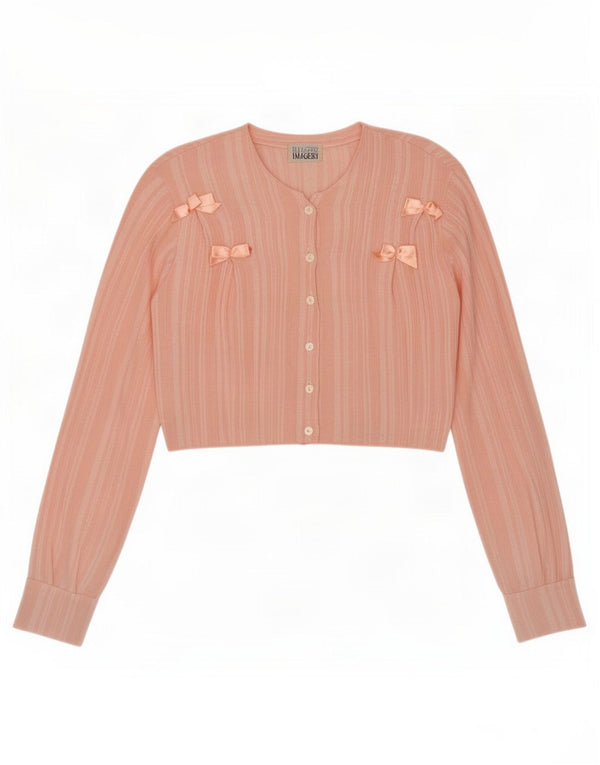 Camicetta vintage da donna a maniche lunghe corta UK 14 a righe rosa medio