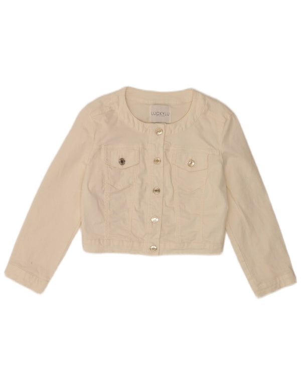 Giacca in denim corta da donna vintage con maniche a 3/4 IT 40 piccola in cotone bianco