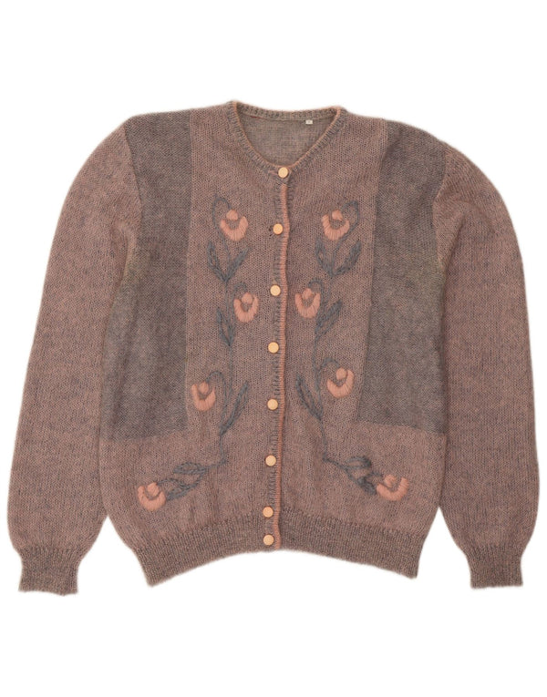 Maglione cardigan da donna vintage UK 14 Mohair floreale rosa grande