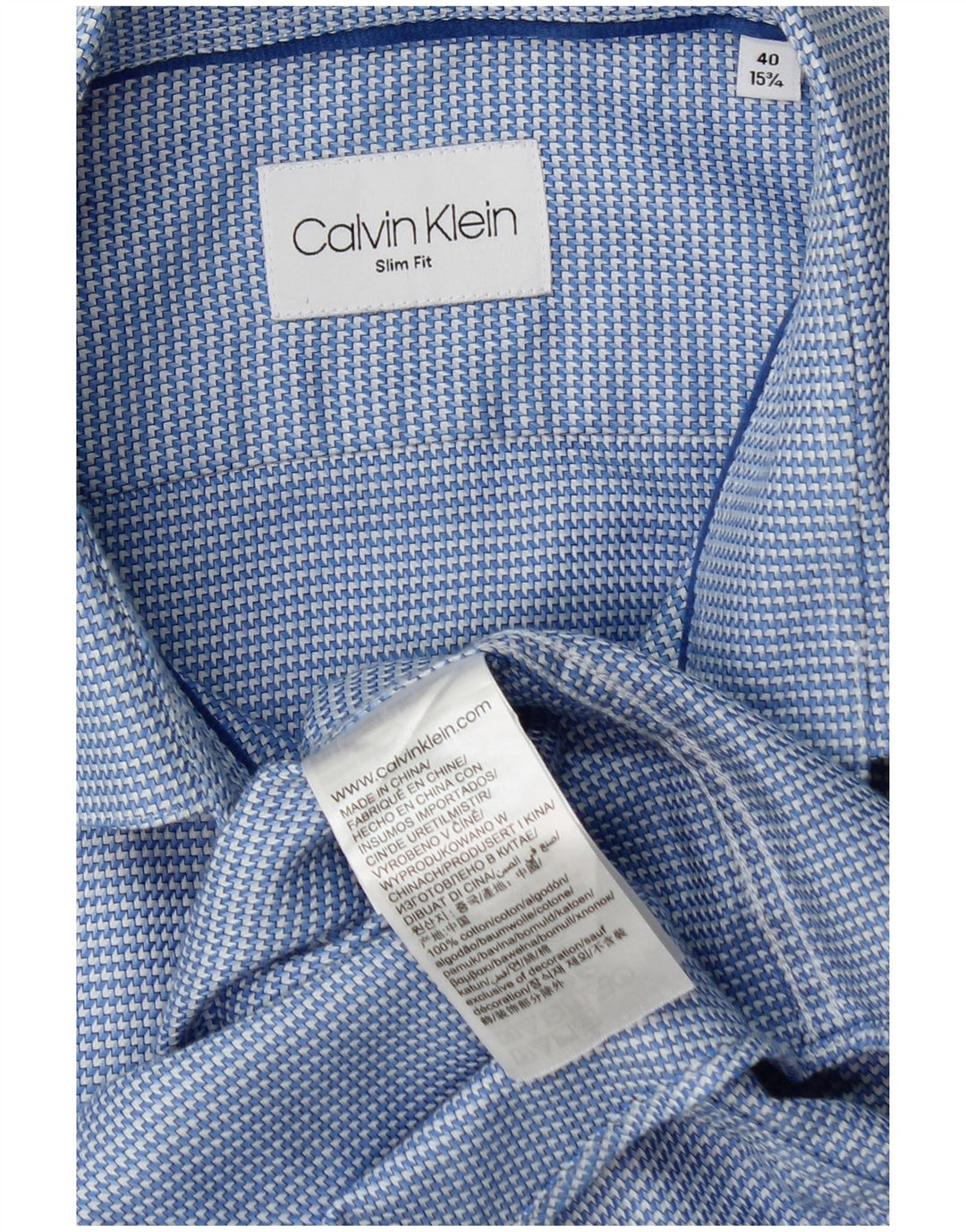 Camicia slim fit da uomo Calvin Klein taglia 40 15 3/4 blu medio geometrico