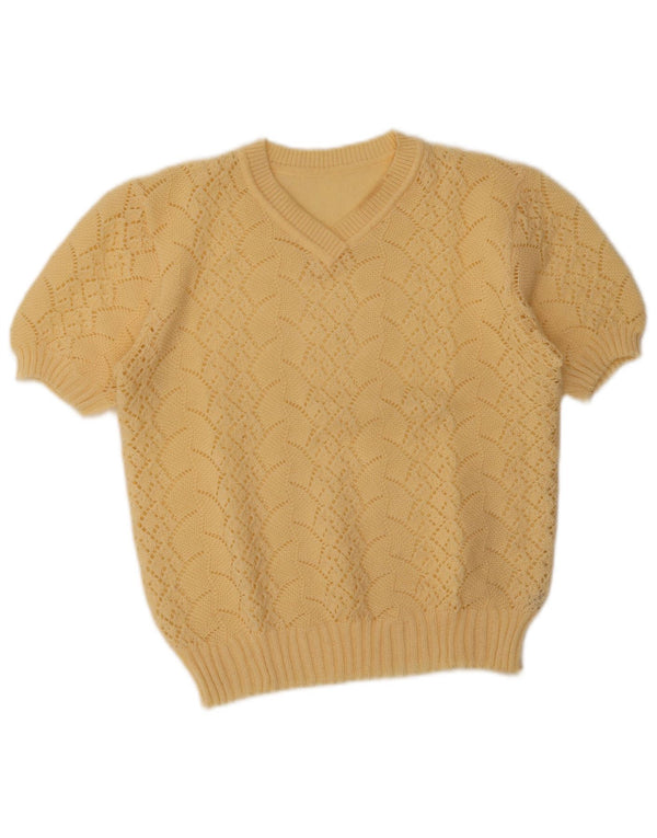 Maglione vintage da donna a maniche corte con scollo a V UK 14 Beige medio