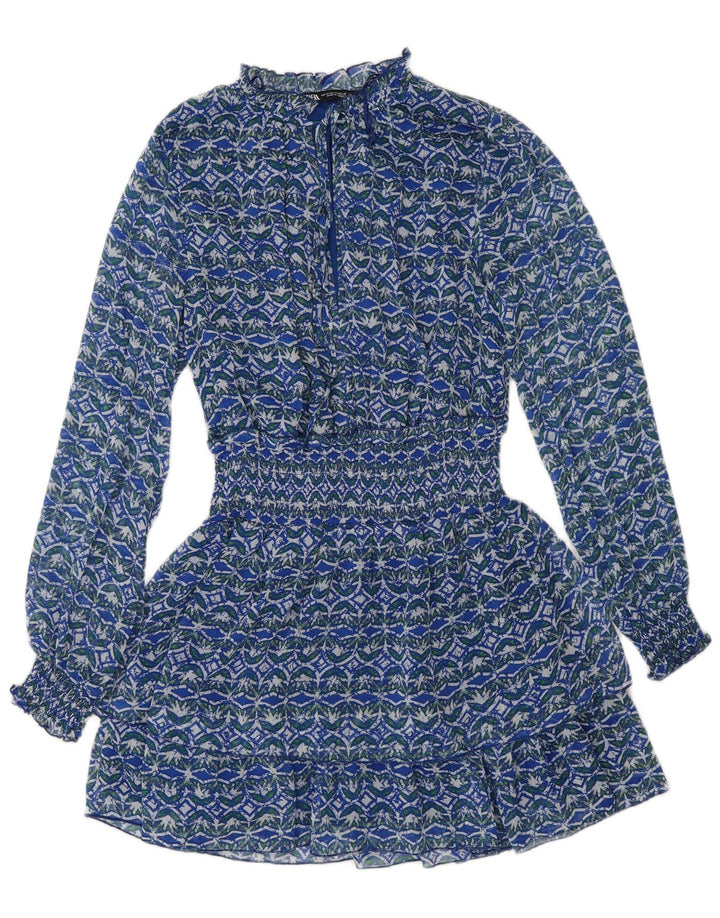 Abito a strati a maniche lunghe da donna Zara UK 12 Poliestere floreale blu medio