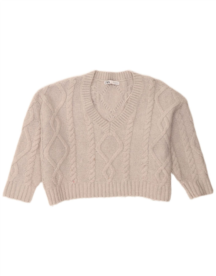 Maglione corto oversize con scollo a V da donna Zara UK 14 Acrilico grigio medio