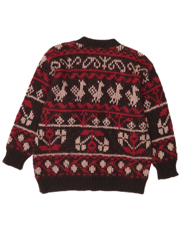 Maglione cardigan da donna vintage UK 16 grande lana Fair Isle bordeaux