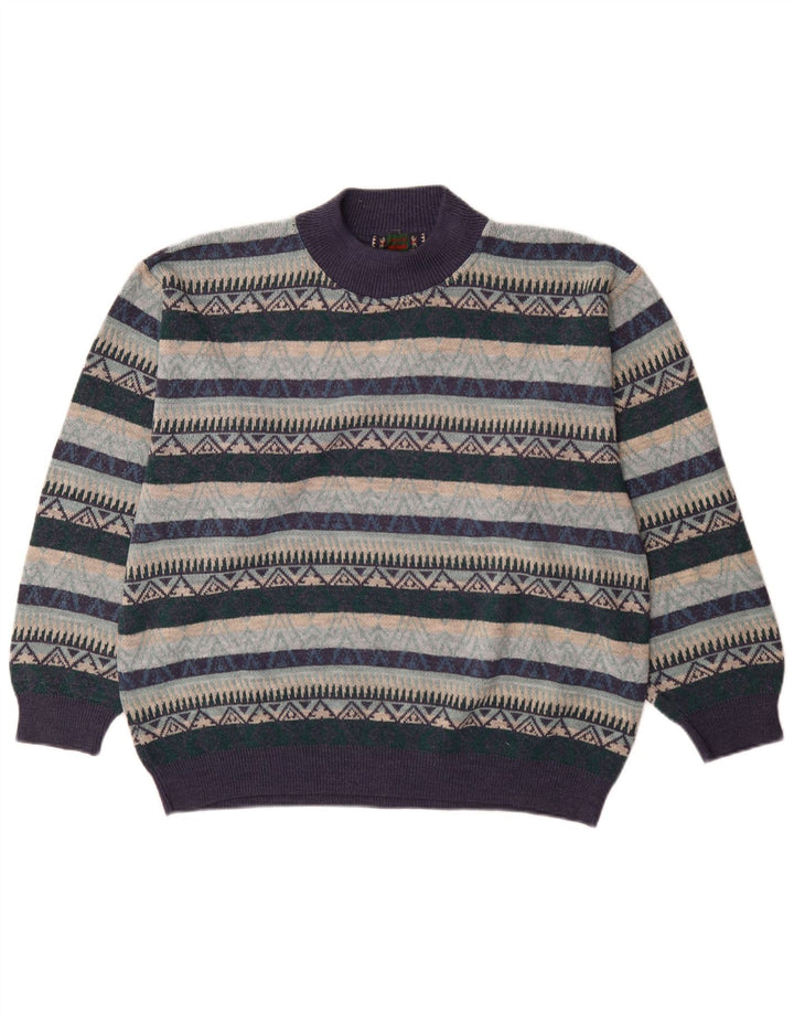 Maglione vintage da uomo con collo alto e maglione XL blu navy geometrico