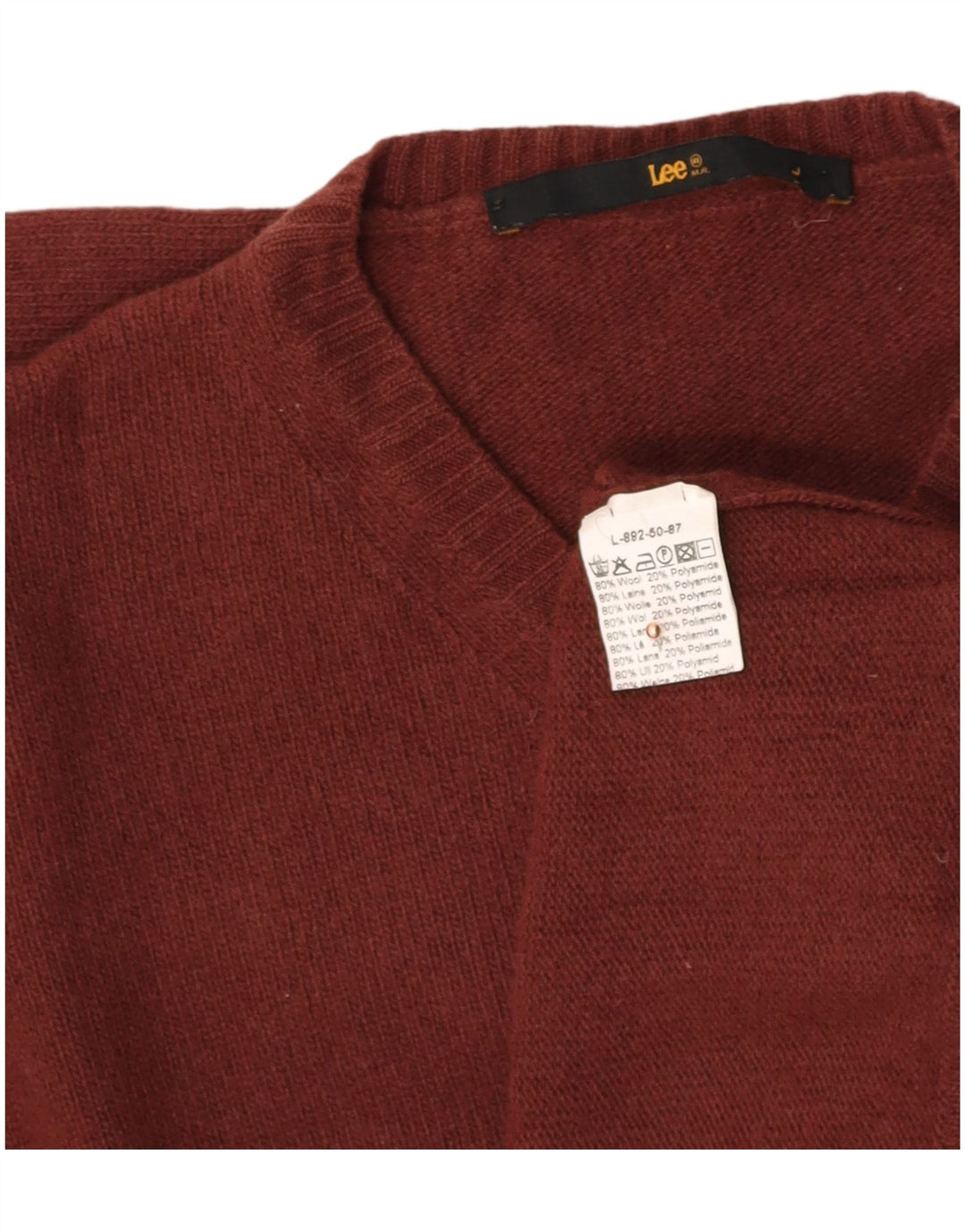 LEE Mens V-Neck Jumper Sweater Large Maroon Wool