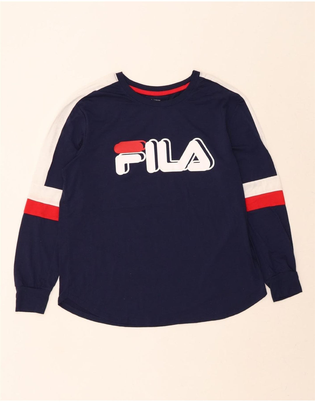 FILA Womens Graphic Top Long Sleeve UK 10 Small Navy Blue Colourblock Vintage Fila and Second-Hand Fila from Messina Hembry 