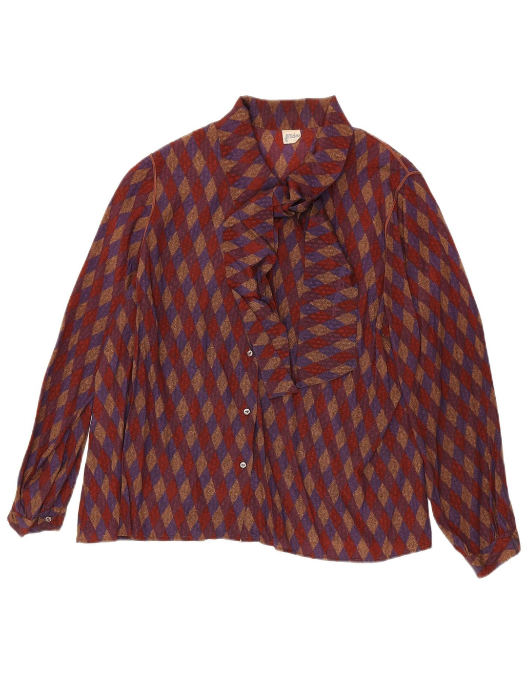 Camicetta da donna vintage con cravatta sul davanti UK 16 Grande seta geometrica rossa